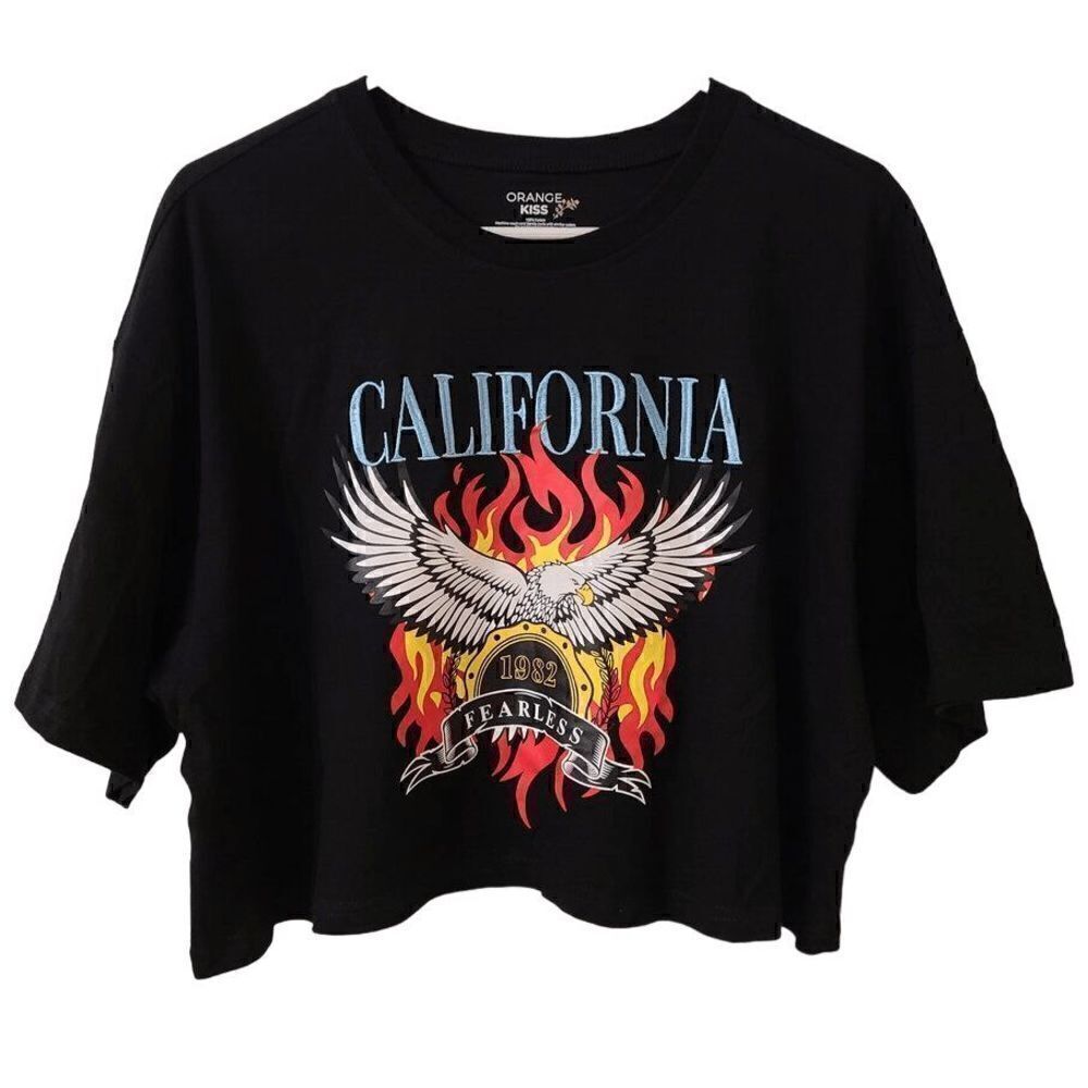 🦅 California Embroidered Eagle Design Black Crop T-shirt Tee Top SIZE L NWT